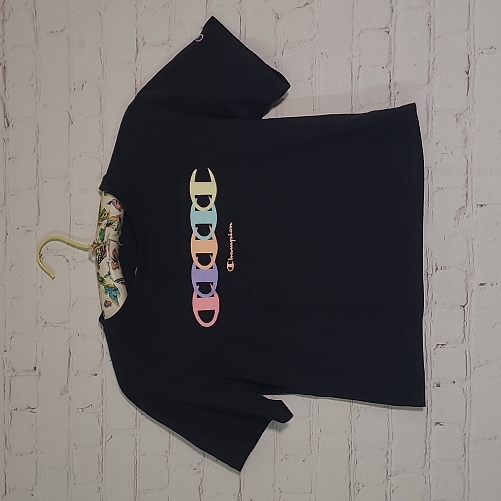 NWOT Champion Authentic Athleticwear Logo Multicolor Print Crop Tee Tshirt Sz M